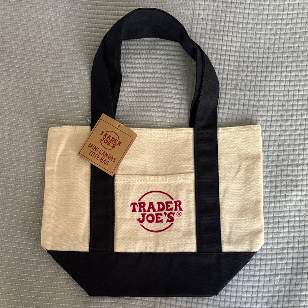 Trader Joe's Mini Canvas Tote Bag - Cream & Black with Red Logo